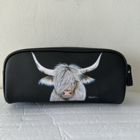 OCS Design Cow Large Cosmetic Bag Pouch Black Top Double zip closure & handle - Picture 5 of 16